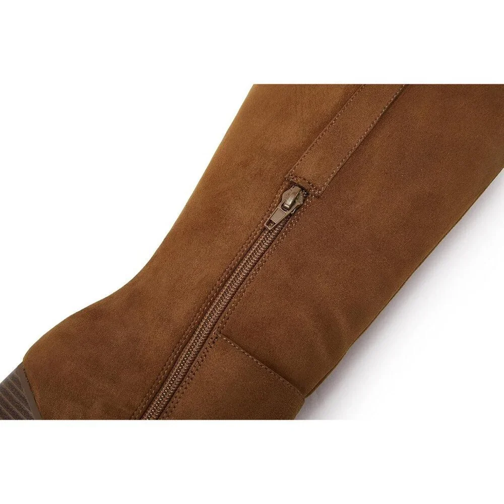 Womens Brown Faux Suede Knee High Side Zipper Chunky Heel Stretch Winter Boots